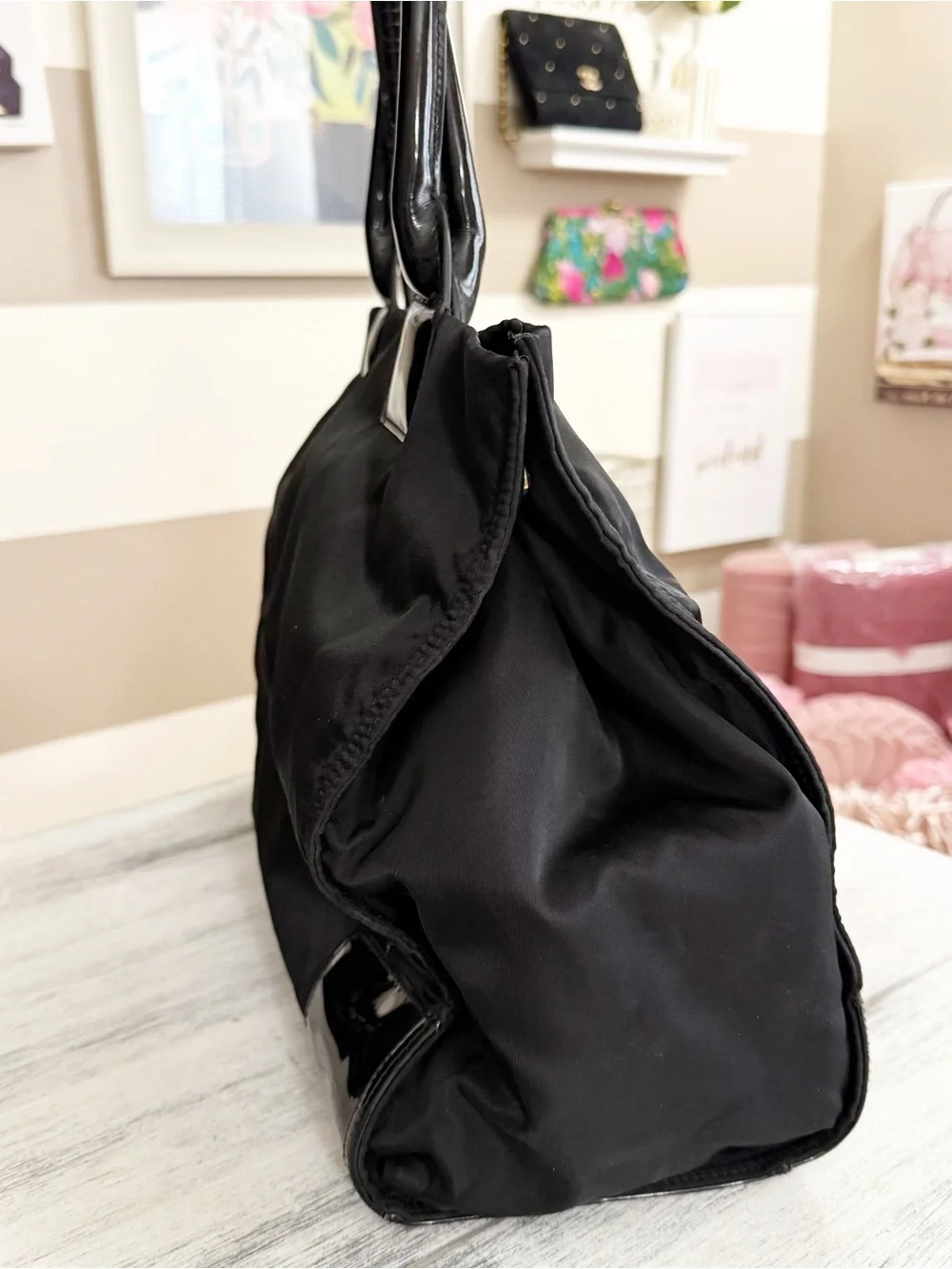 Tory Burch Ella Black Patent Logo nylon Tote